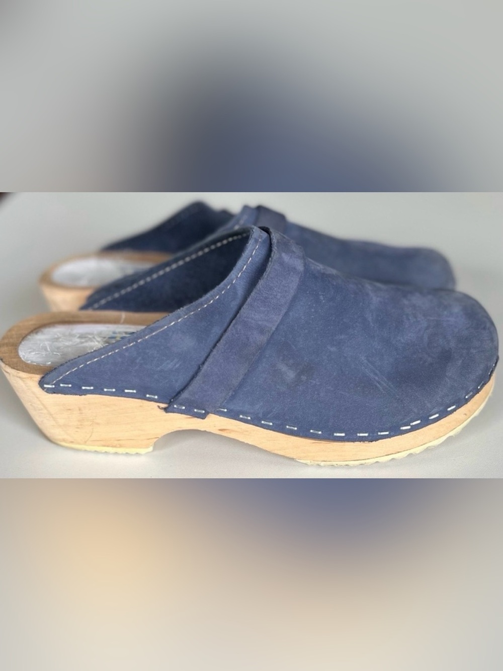 Wood & Nubuck Leather Slip On Clogs Mules, Sz 37